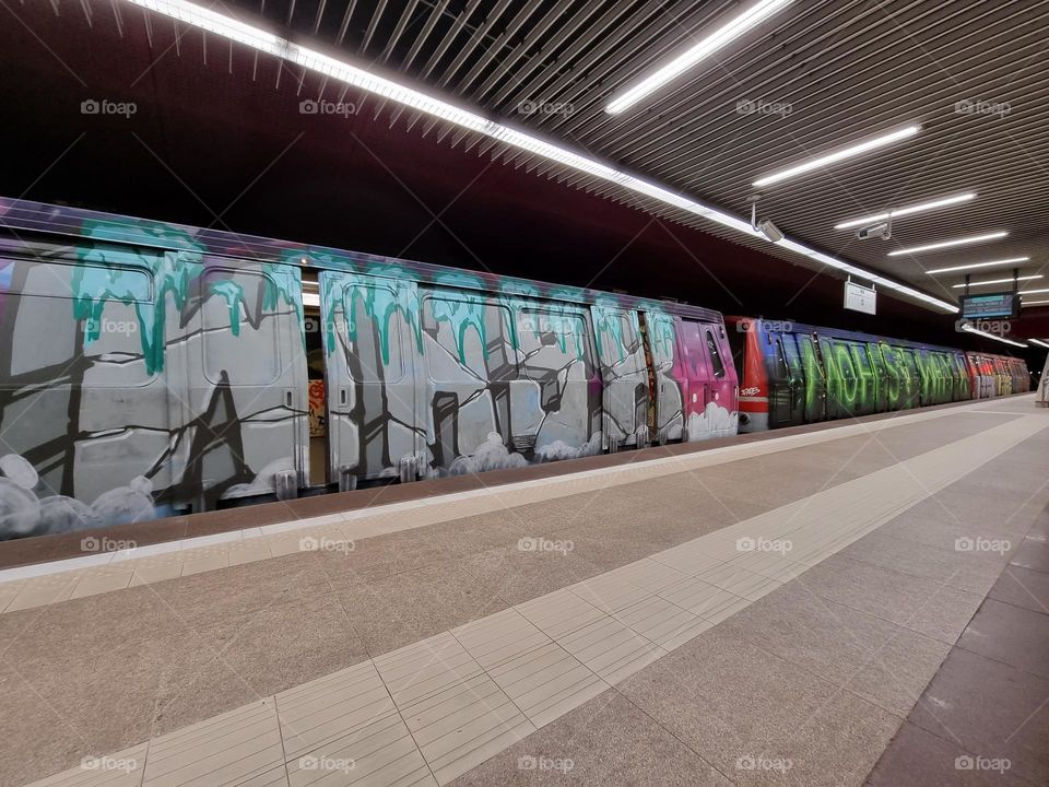 Graffiti painted on a subway train in Bucharest, Romania