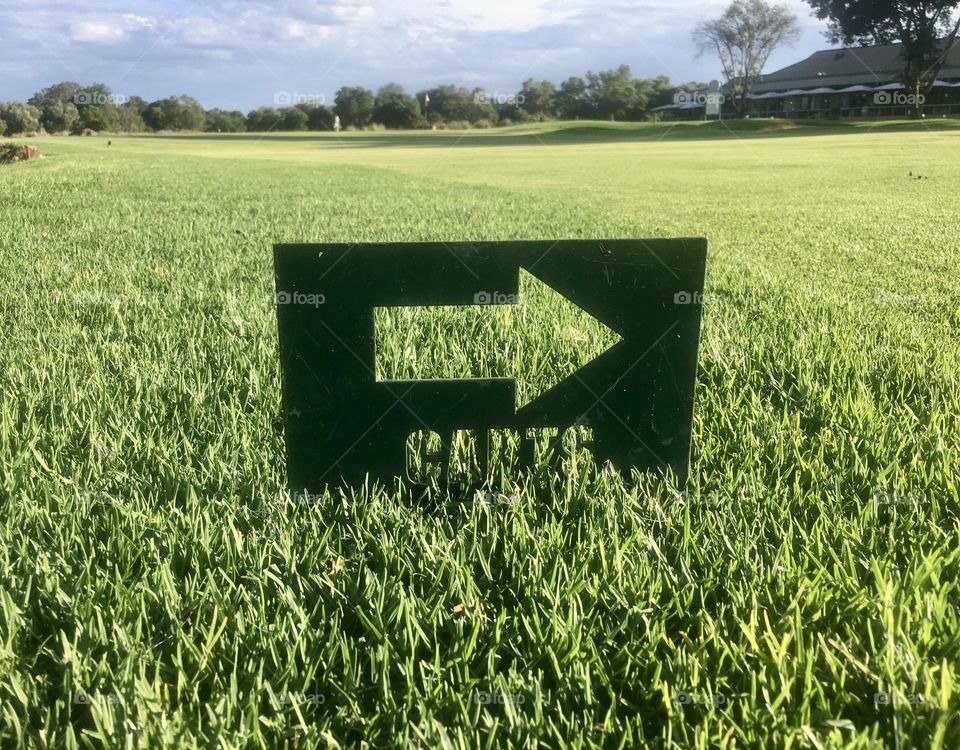 Golf course- Green grass with a sign showing where the golf carts are