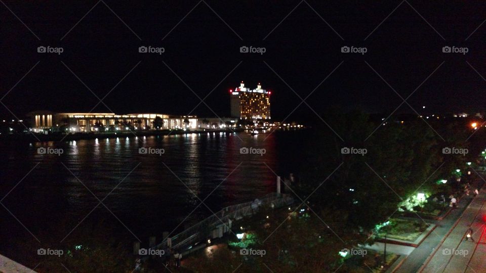 Evening view of the Marriott hotel on the Savannah river, Savannah, Georgia.