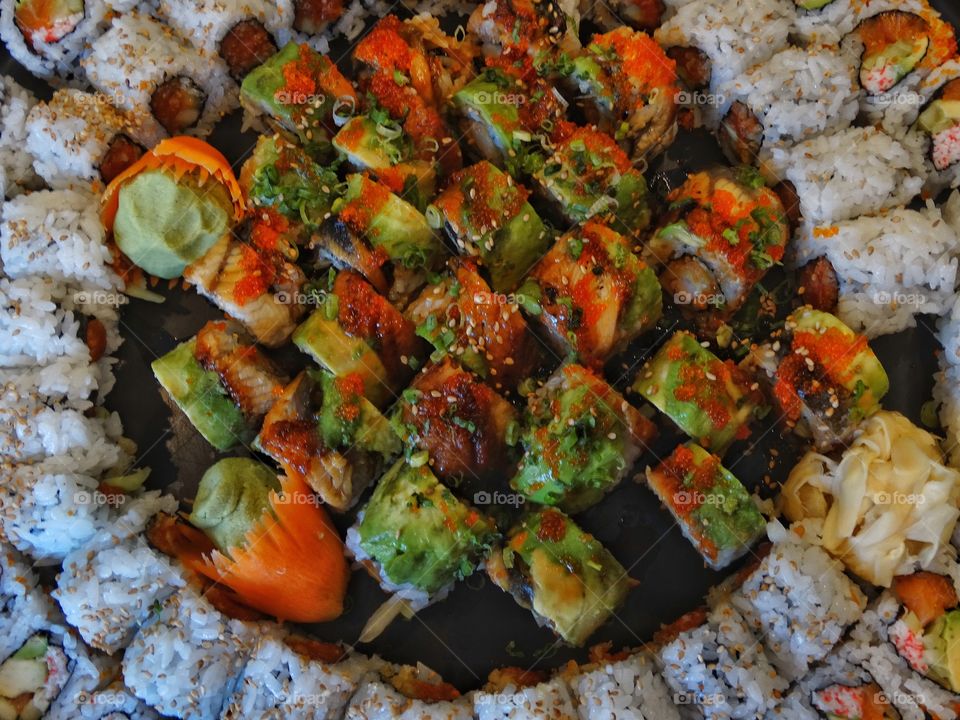 Sushi rolls viewed from above