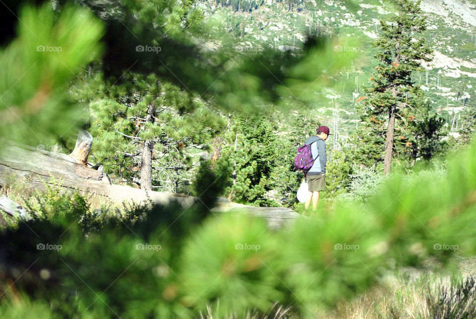 photo story of a Man with a backpack carrying grocery bag in the woods trying to think of something