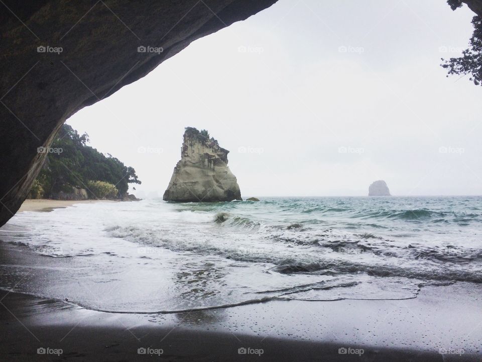 Cathedral cove on a rainy day, north island New Zealand. 