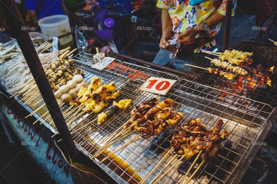 Random grilled skewers at a night market in Chiang Mai, Thailand 