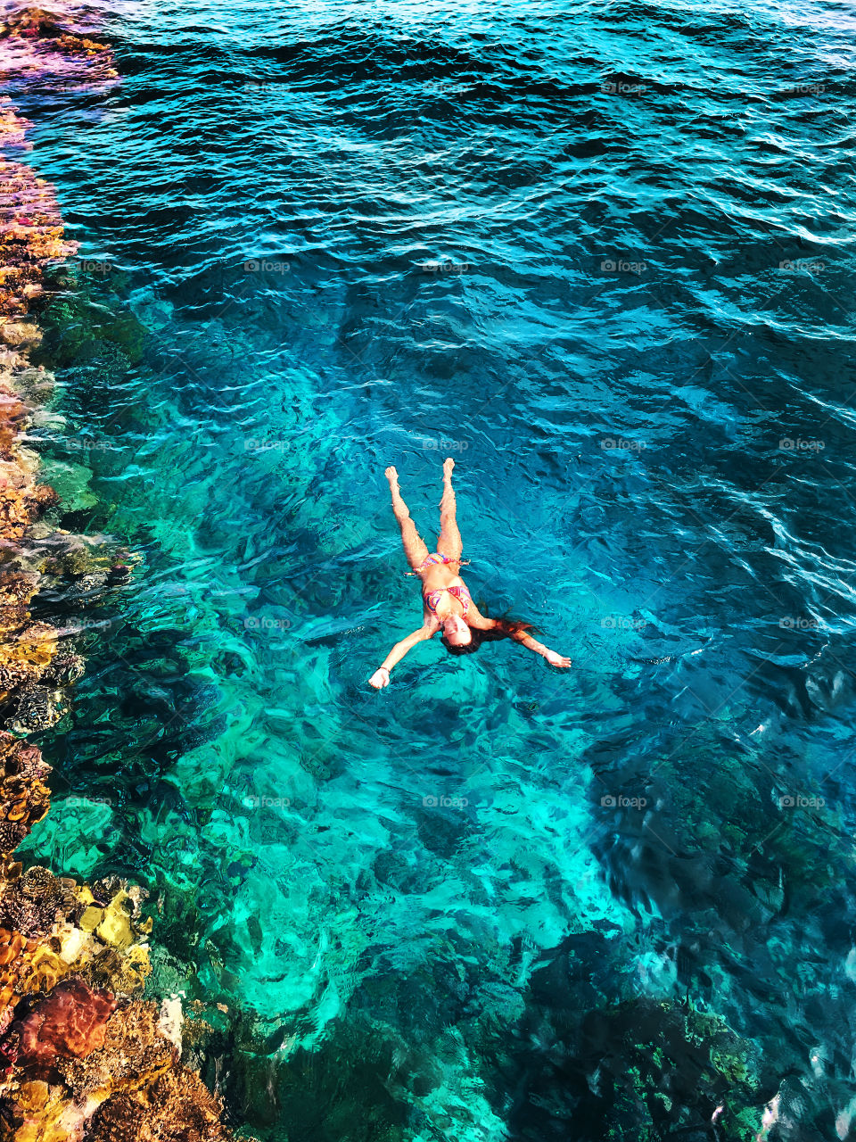 Overheard view of a young woman swimming in the blue coral sea water 