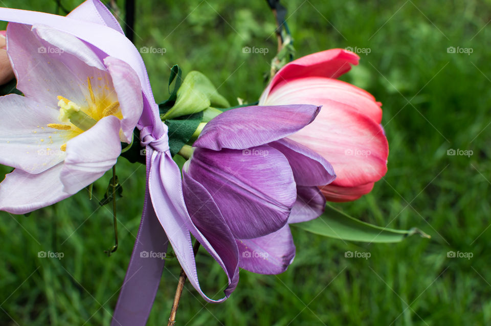 Beautiful flower crown with pastel flowering tulips outdoors  for celebration  symbol of love and happiness 