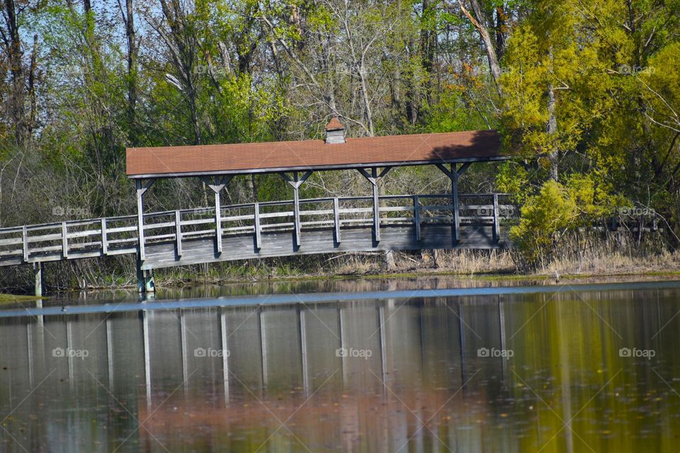 A bridge in an urban park reflects off the water
