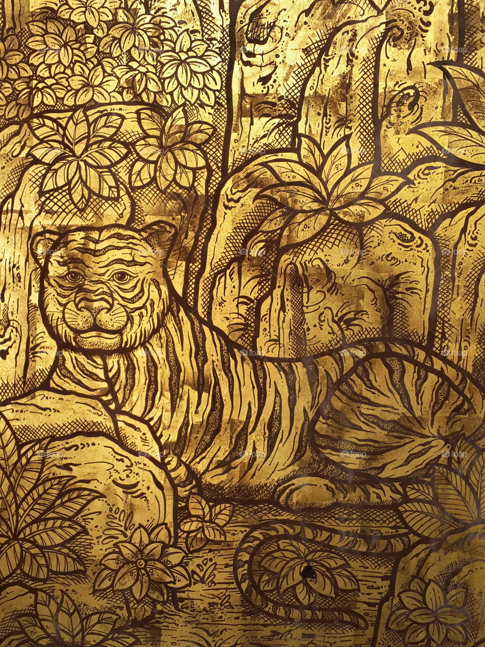 tiger thai traditional art in the wall