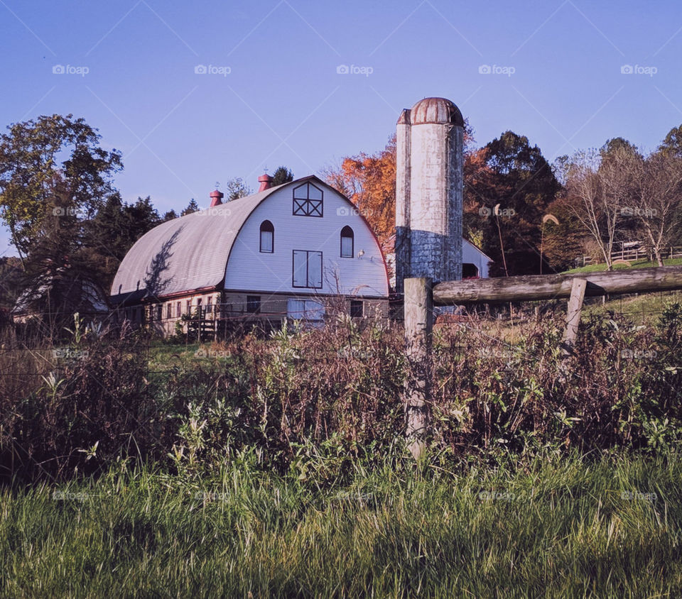 barn with silo in the fall