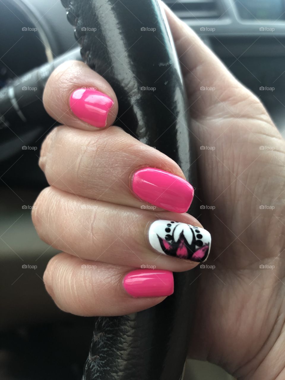 Pink white black flower gel nails