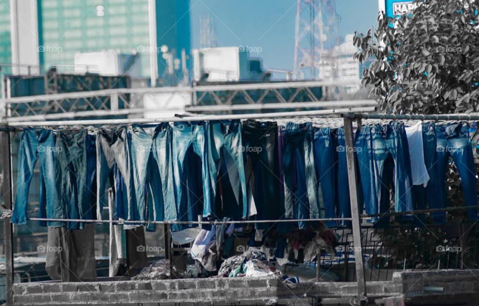 Jeans drying on clothesline