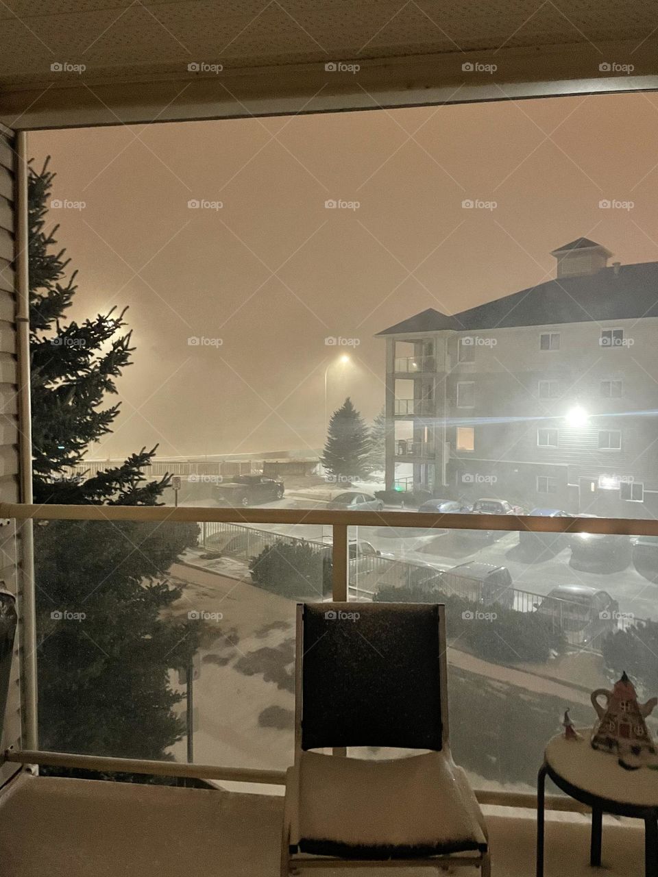 Snowy, foggy, blizzarding night in the city of Medicine Hat, Alberta, Canada 
