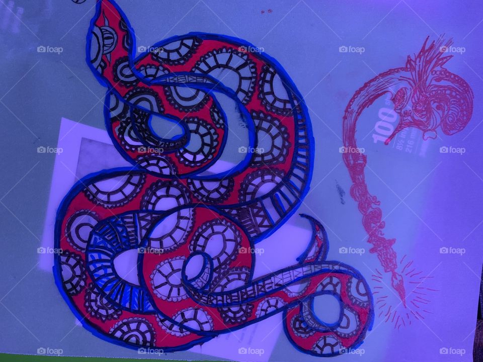 Tribal snake and Dali candle hand drawn on translucent paper by myself and a variety of sharpies 