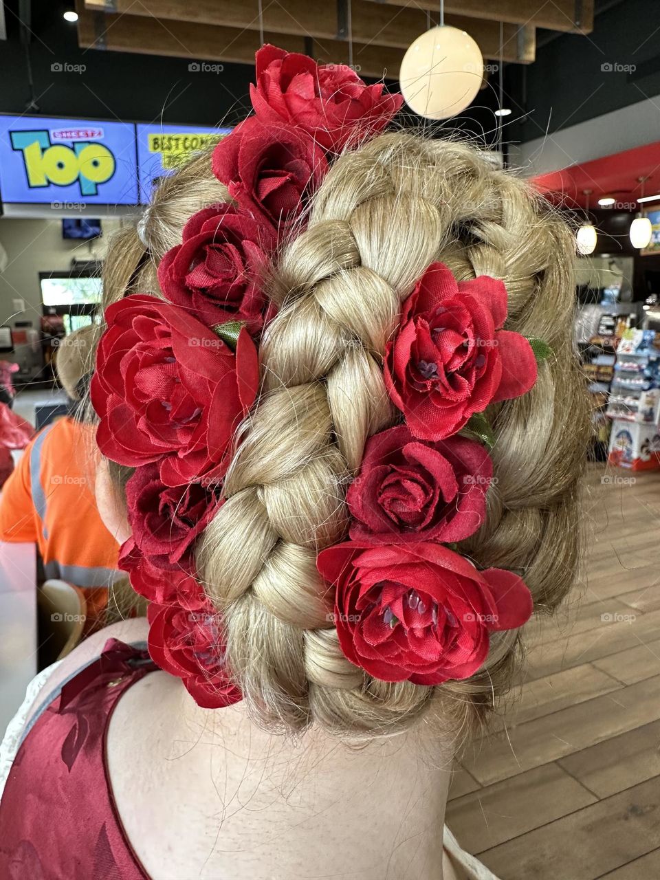 Blonde braid and roses
