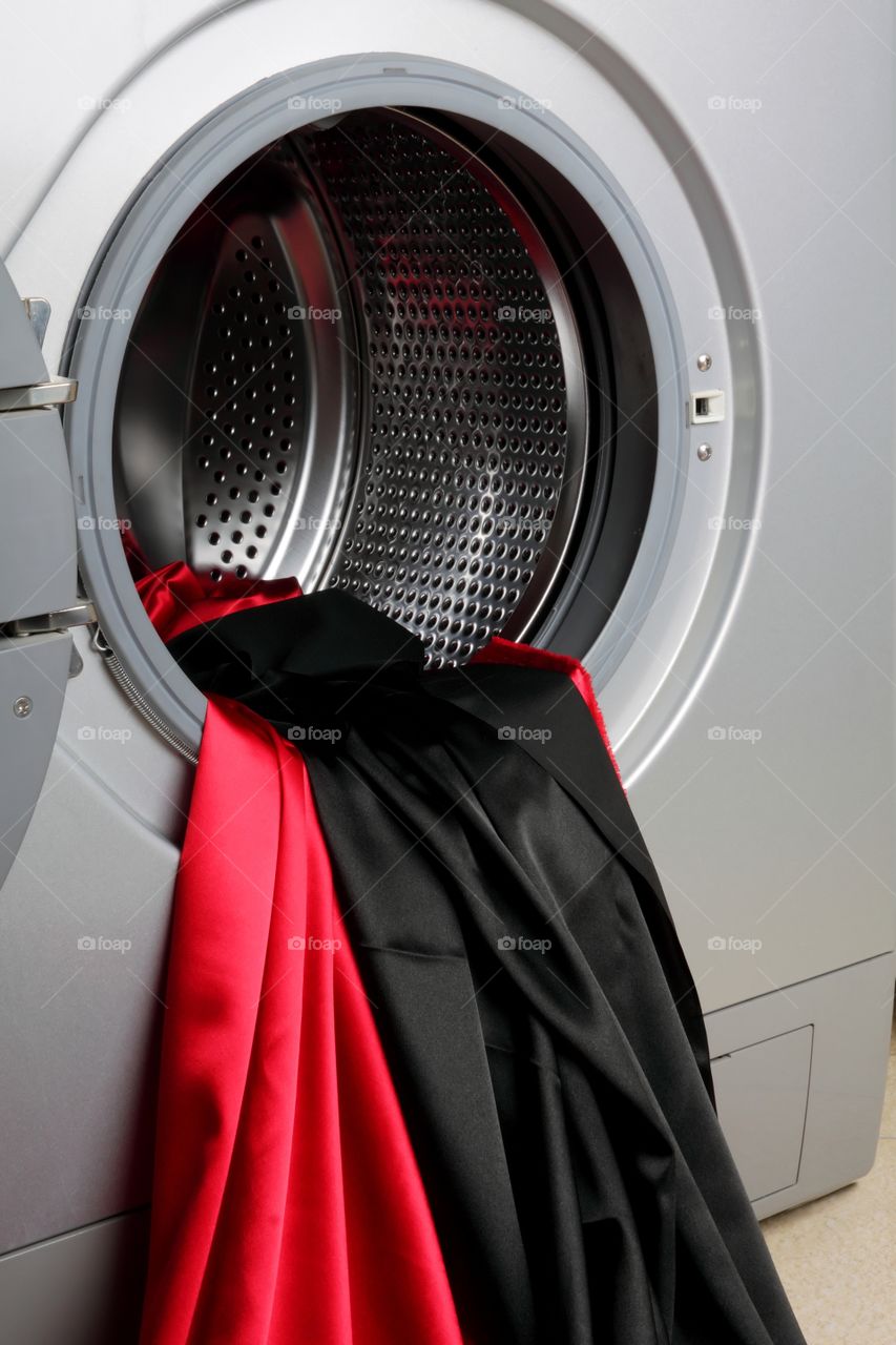 Washing machine with red and black satin cloth