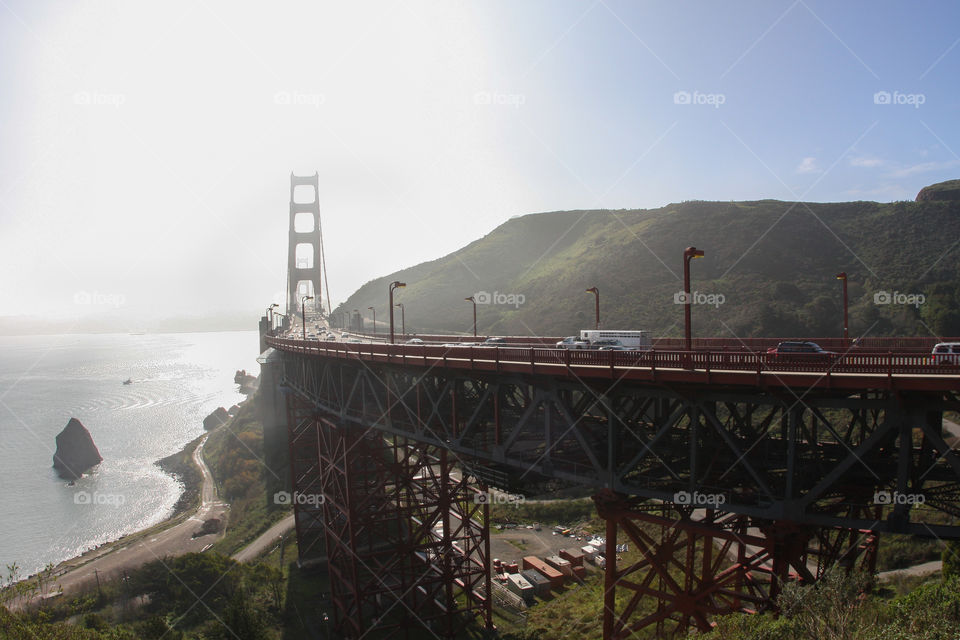 Looking at the Golden Gate Bridge from the north on a foggy day