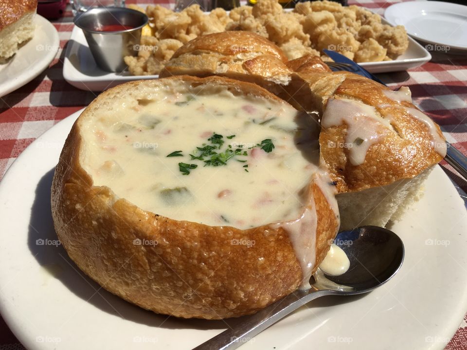 Close-up of chowder on plate