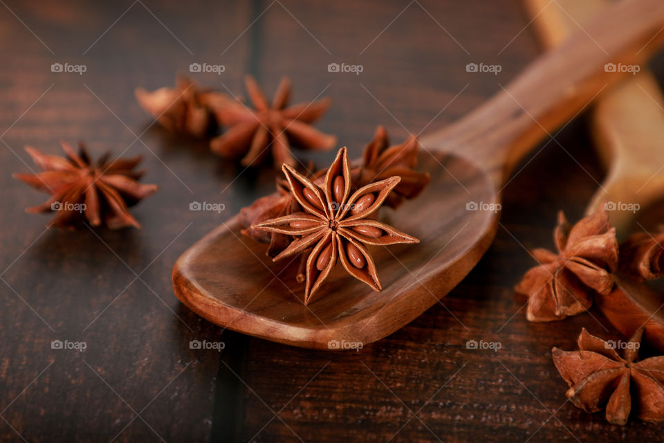 Star anise spice on a wooden spatula