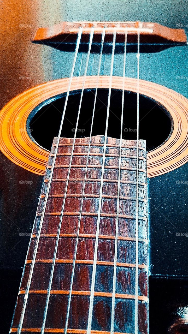Perspective closeup of guitar strings