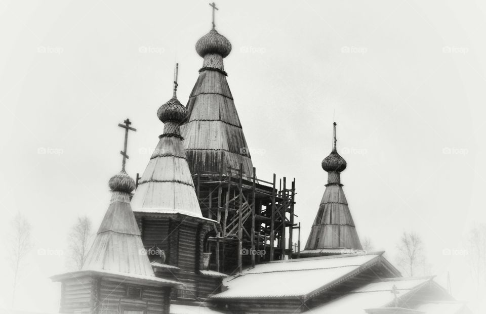 Russian Orthodox Church. wooden church in winter