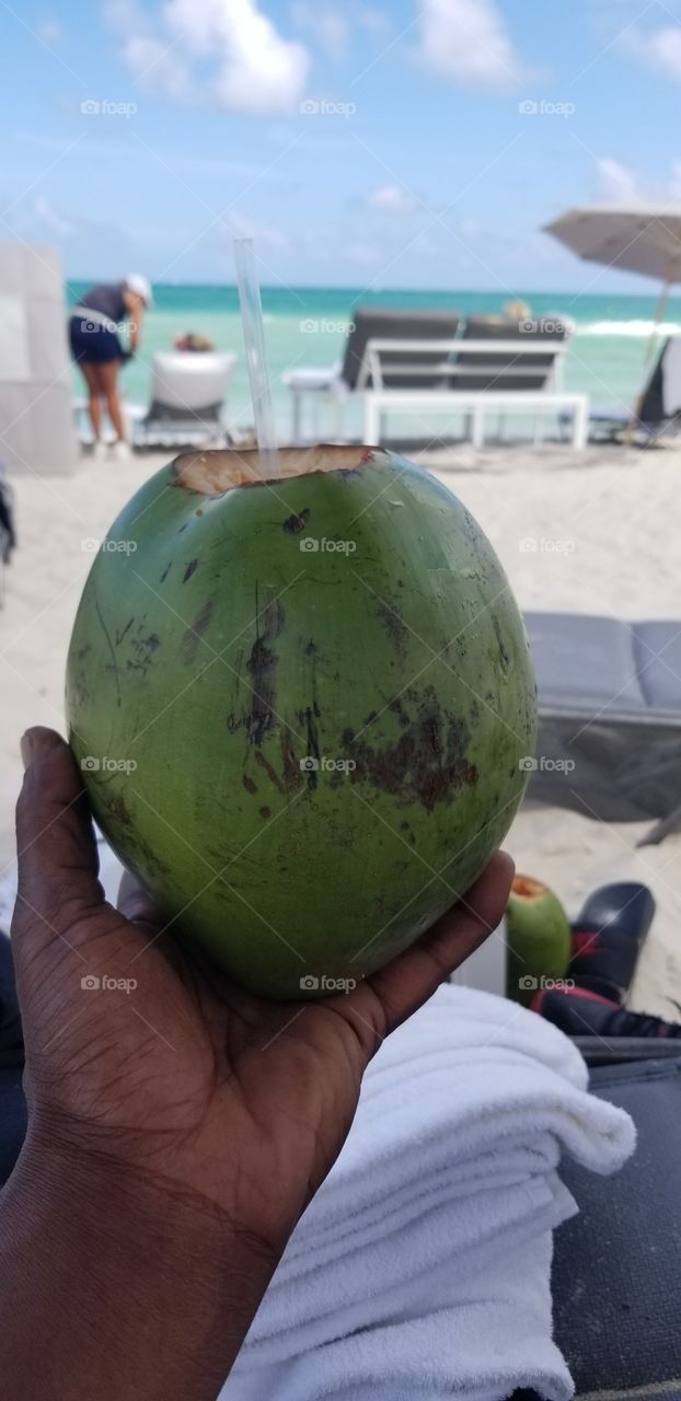 fountain blue coconut water $5 yummy make sure you go enjoy Miami at its finest I did .Fountain Blue has the most amazing people what you can get basically anything on the beach just ask the workers🤔
