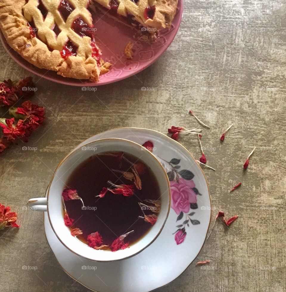 Rose petal tea with cherry pie