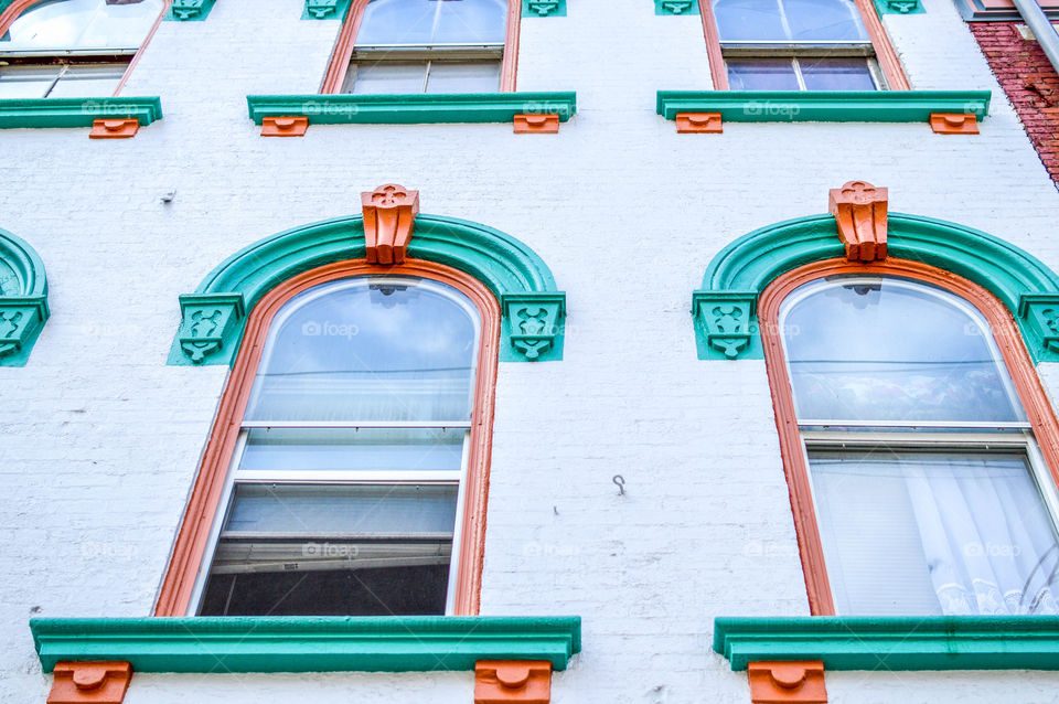 Colorfully painted windows on an old building in Cincinnati, Ohio United States