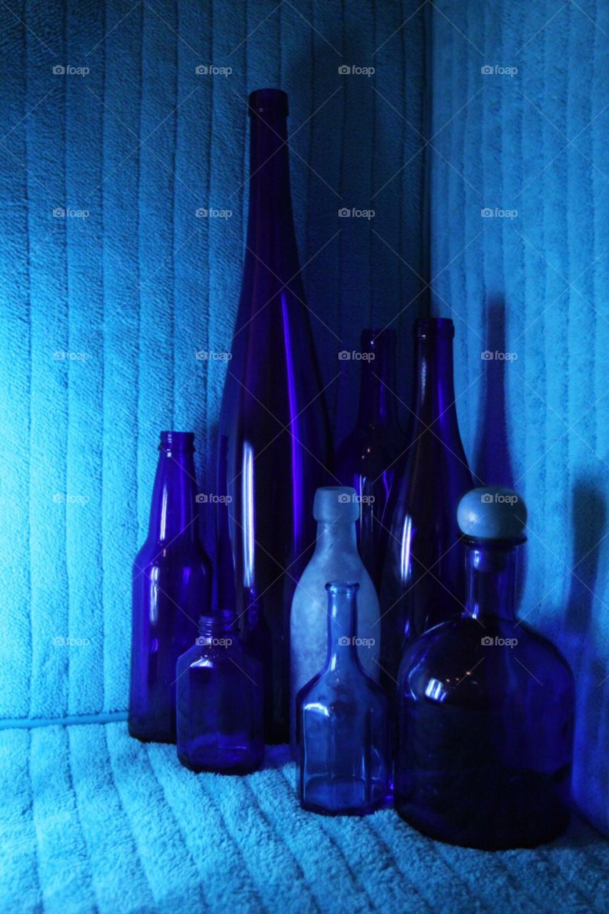 Monochromatic blue bottles