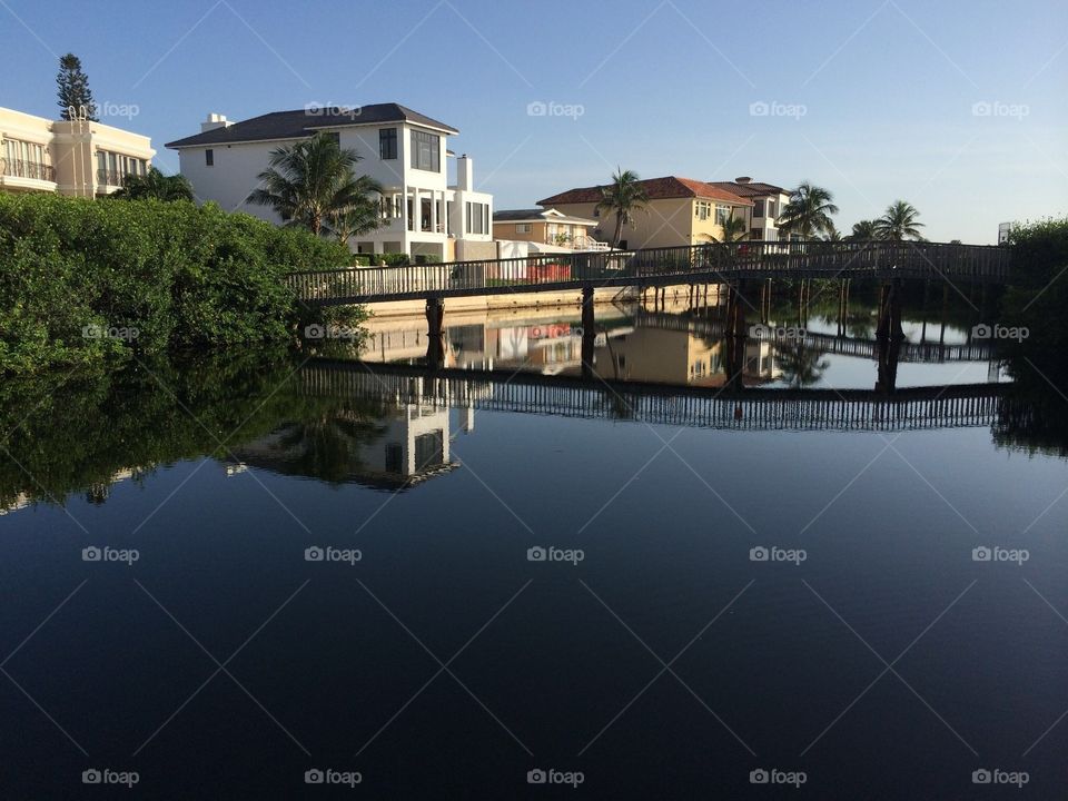 Perfect reflection in the twilight and a  lake near the beach