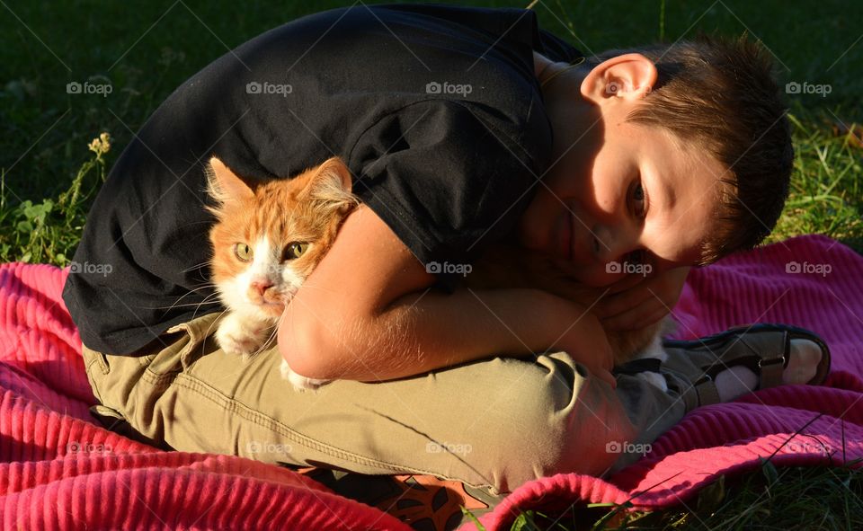 child and cat love animal