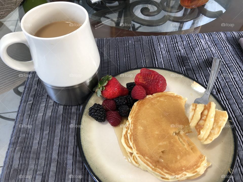 Pancakes with side of fruit and coffee II