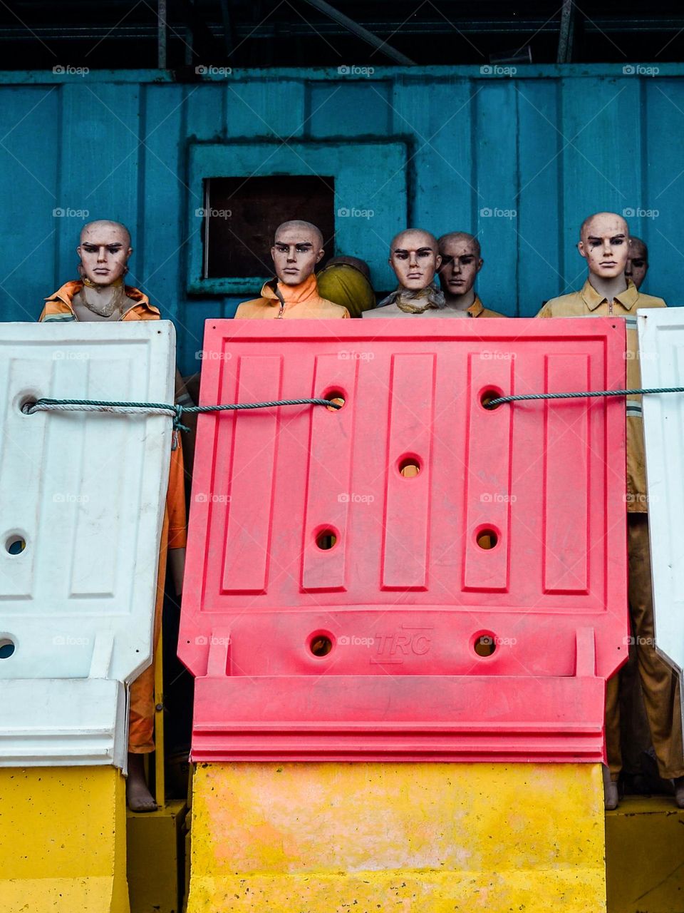 Mannequins manning the plastic road marking barriers on construction site