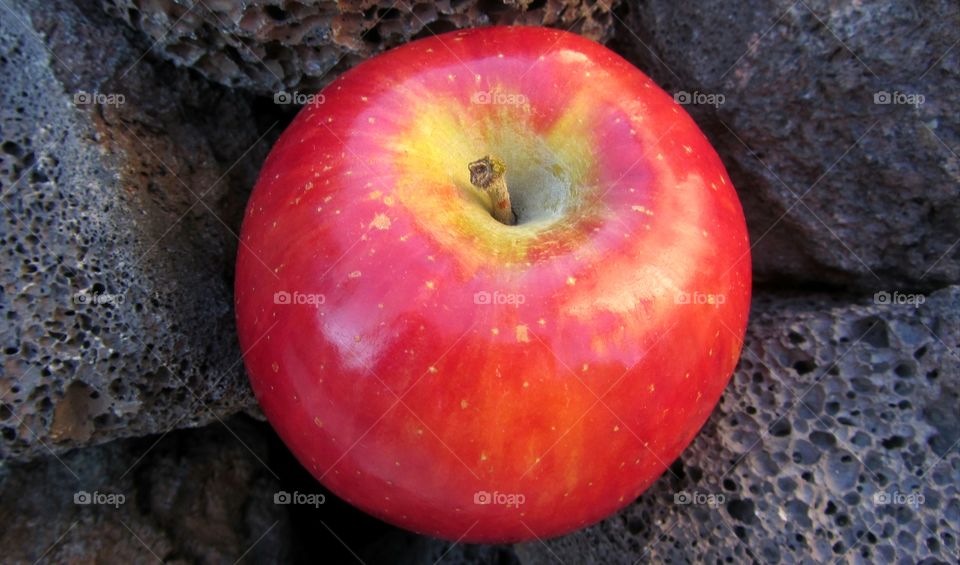 Red apple on the lava rocks