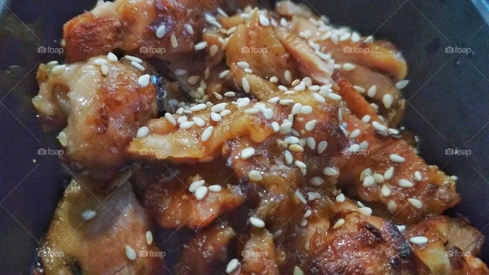 A close up on the teriyaki chicken. Juicy and tender taste of this chicken meat with it's teriyaki sauce gave such an awesome flavour.