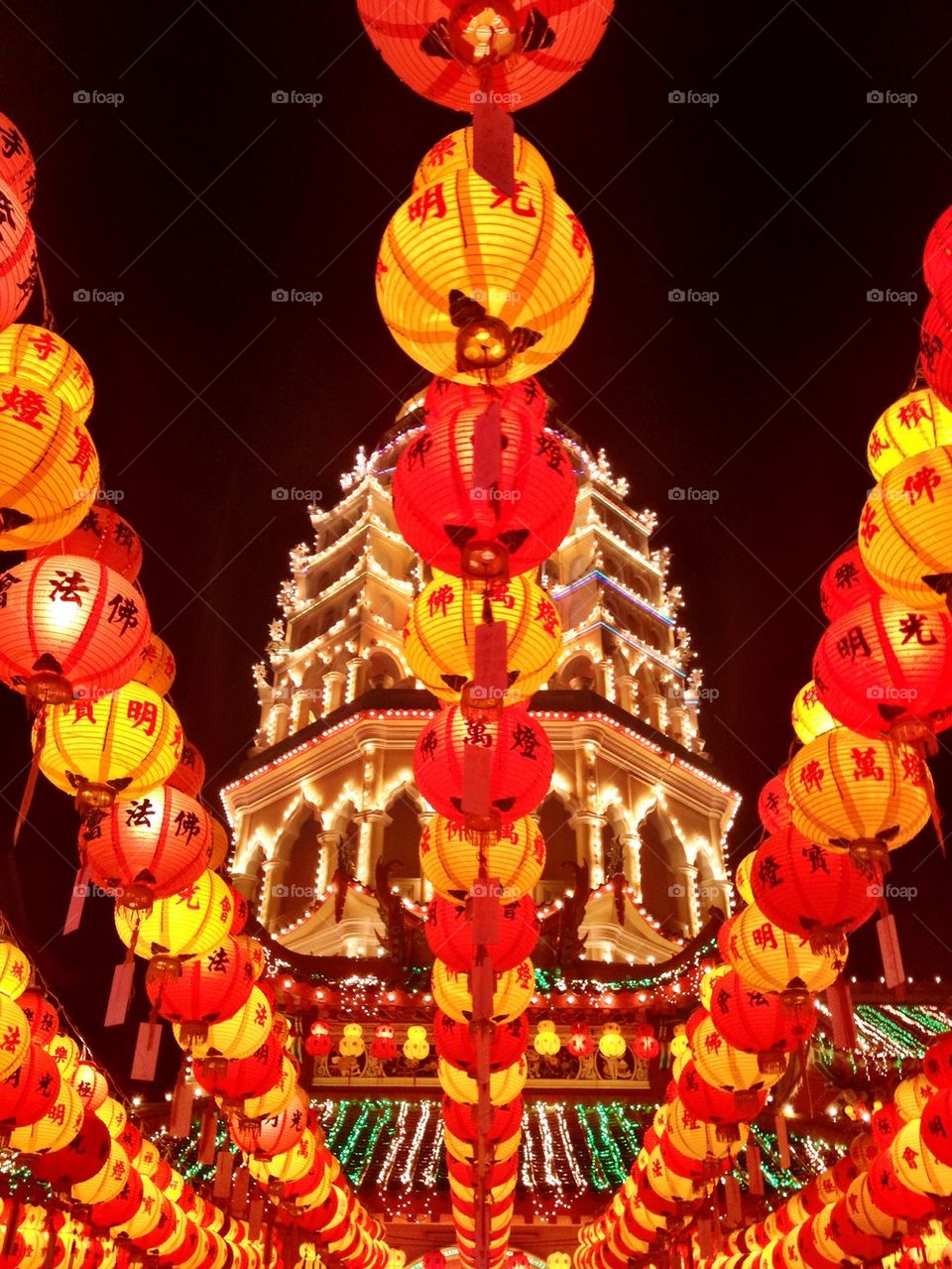 Illuminated pagoda at night