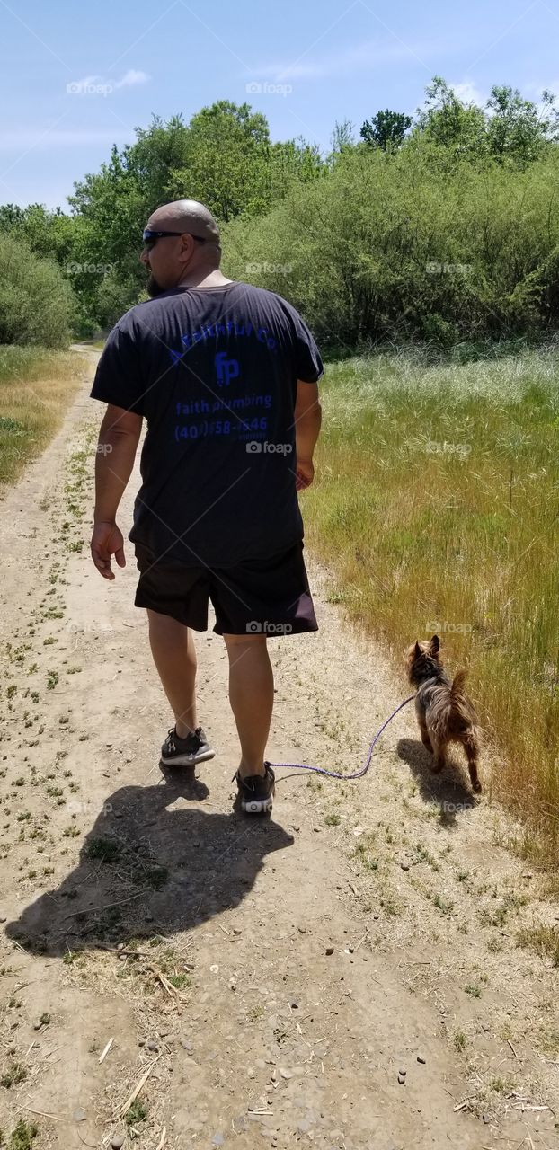 a dog and his owner walking