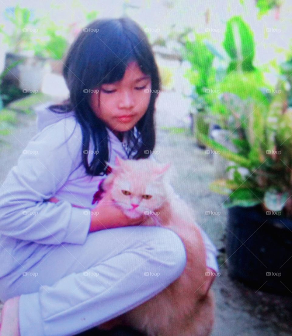 Looking familiar and loving each other, that's the daily life of a girl and her pet cat every time they come home from school, the first thing they look for is their pet cat.