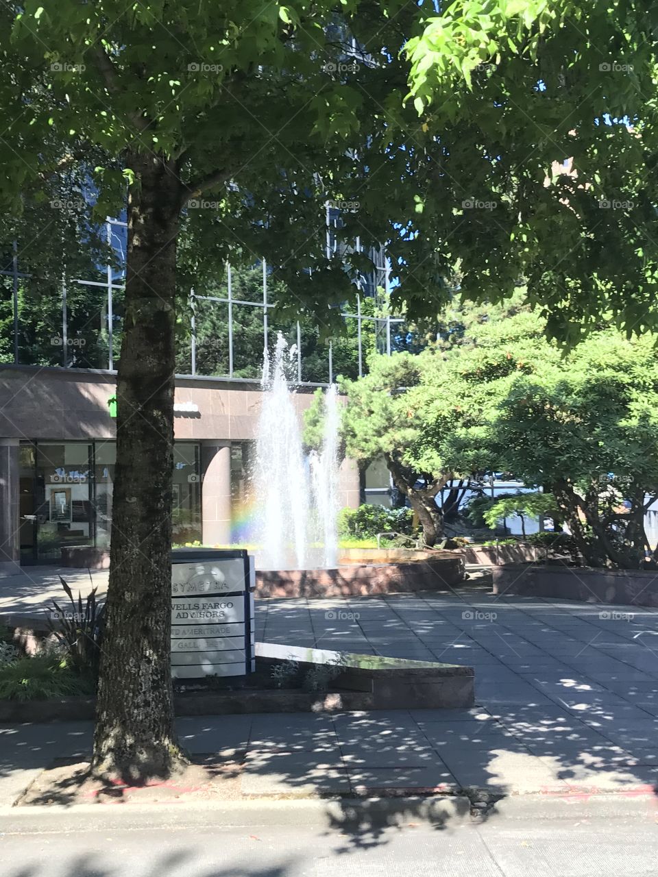 A fountain in Bellevue with the rainbow