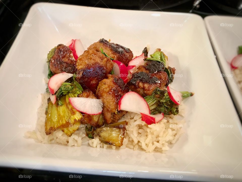 Meatballs with Rice and Bok Choy