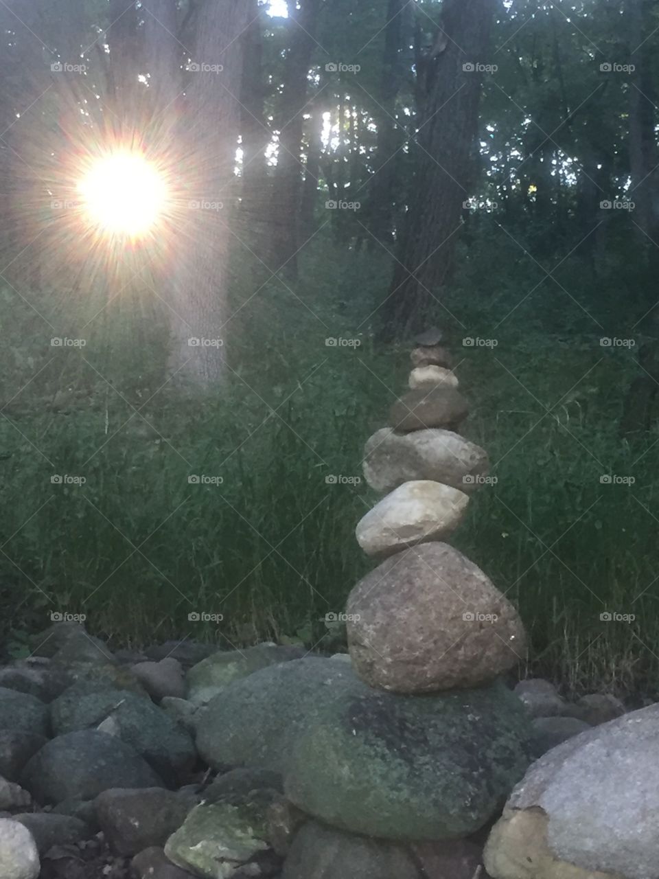 Balanced Stone tower in hiking trail in Wisconsin