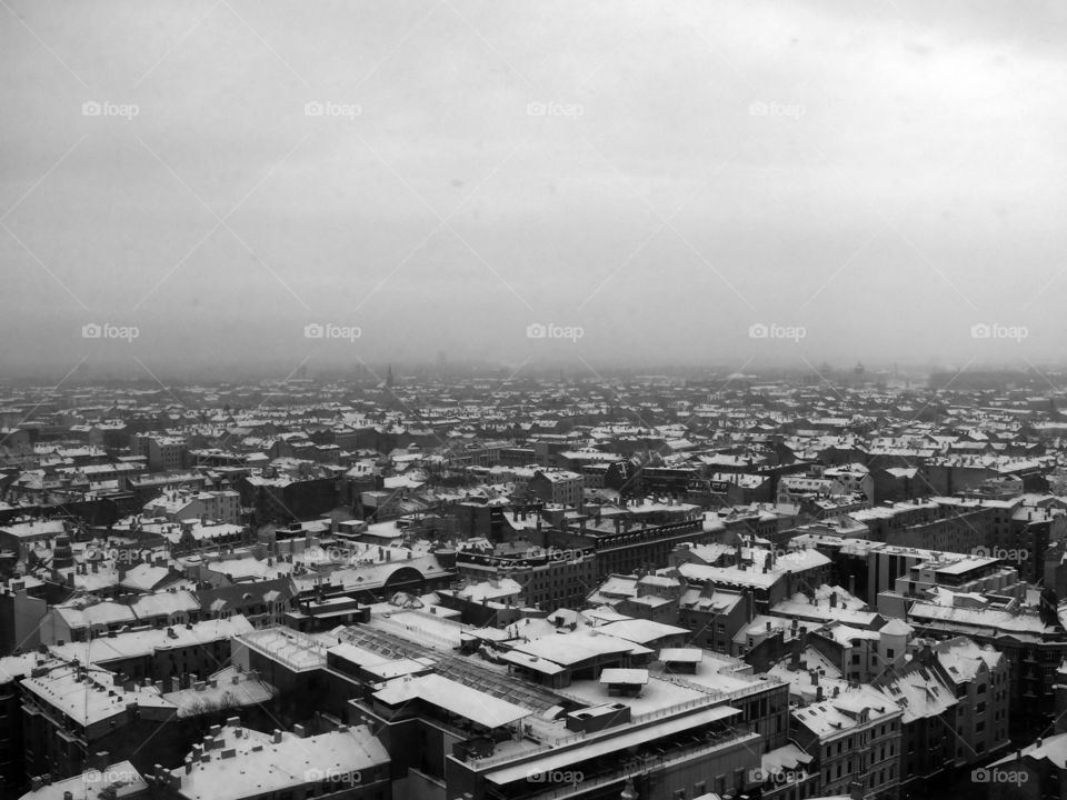 Black and white shot of the cityscape of Riga, Latvia.