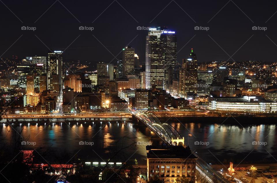 Pittsburgh PA at night, skyline, reflection