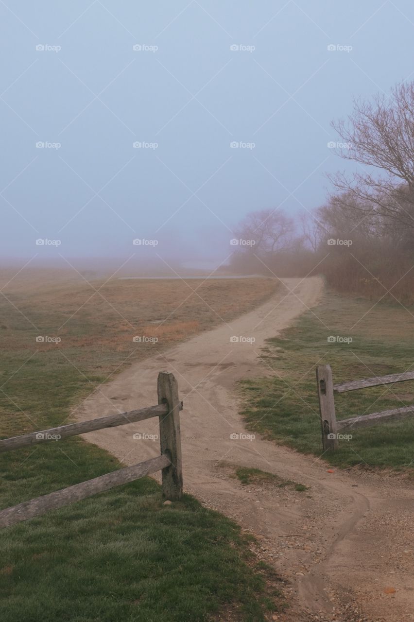 Foggy Landscape Photo Of A Path In Springtime, Fog In The Hamptons, Trail On The Golf Course 
