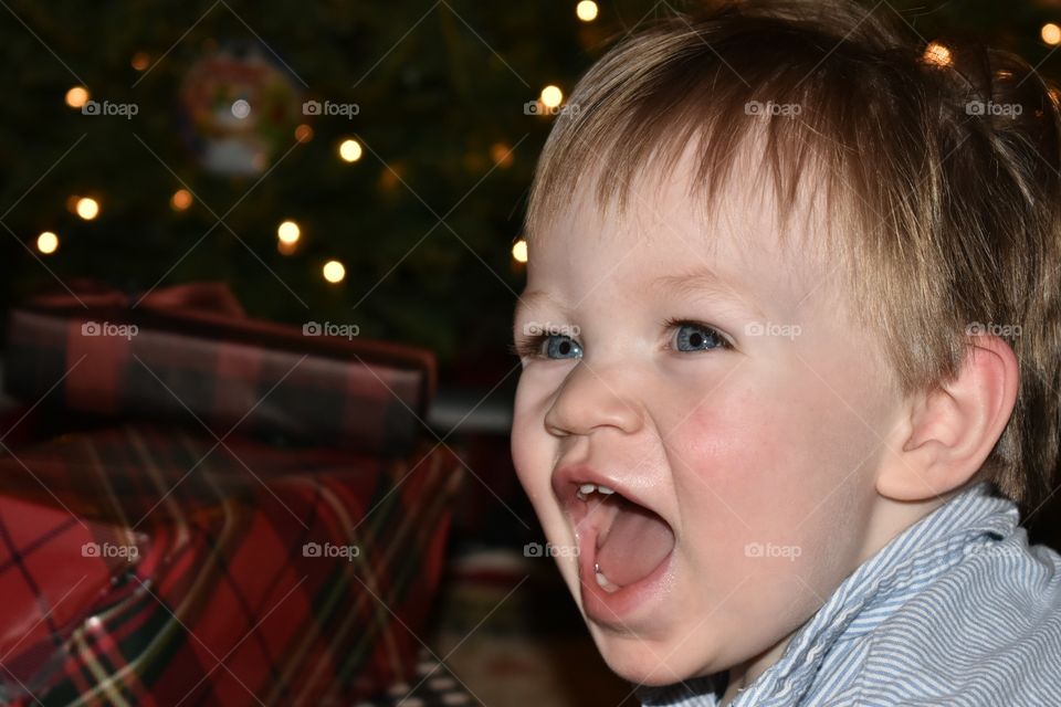 Cute toddler boy excited about Christmas decorations 