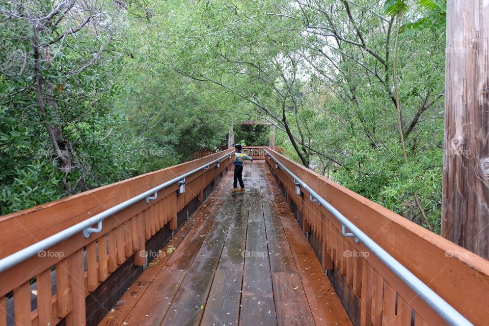 Boy crossing bridge, in a wooded area