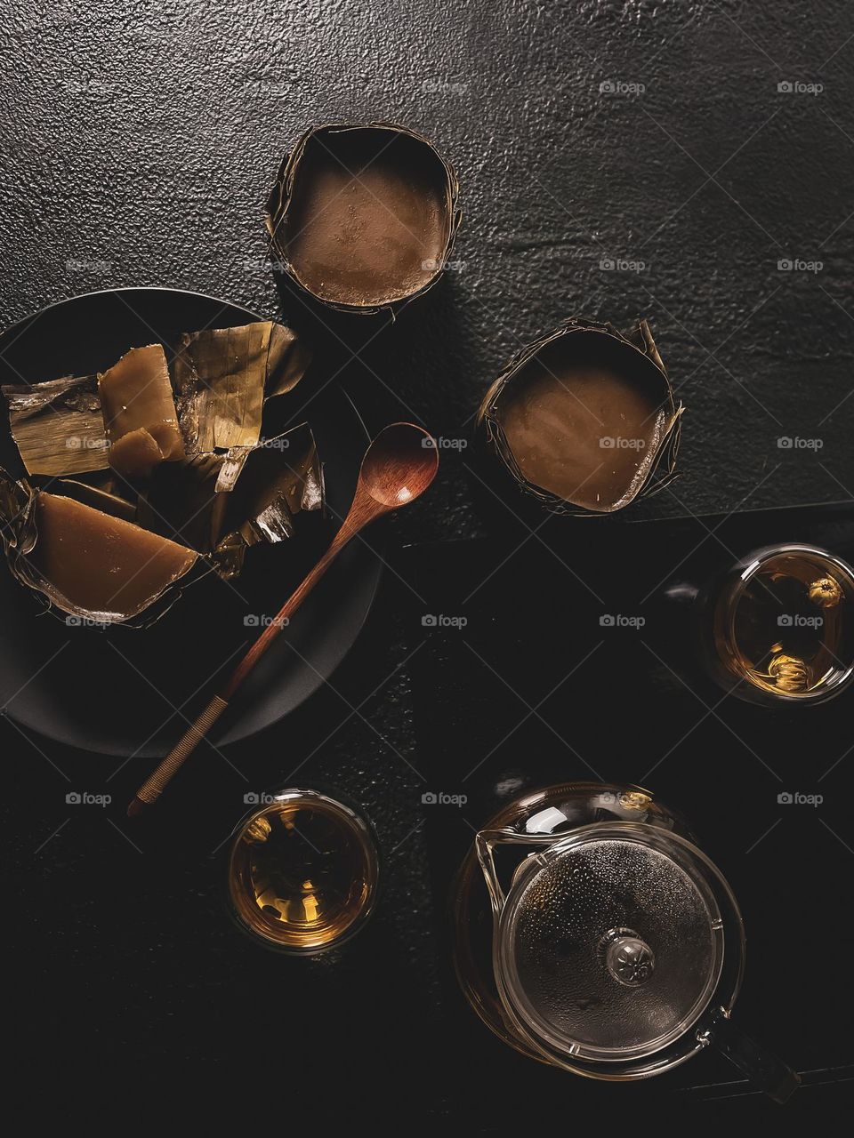 Year cake for Chinese New Year celebration and hot tea beside it