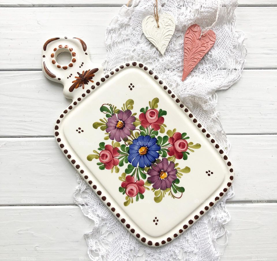 Vintage ceramic cheese board with hand painting flowers