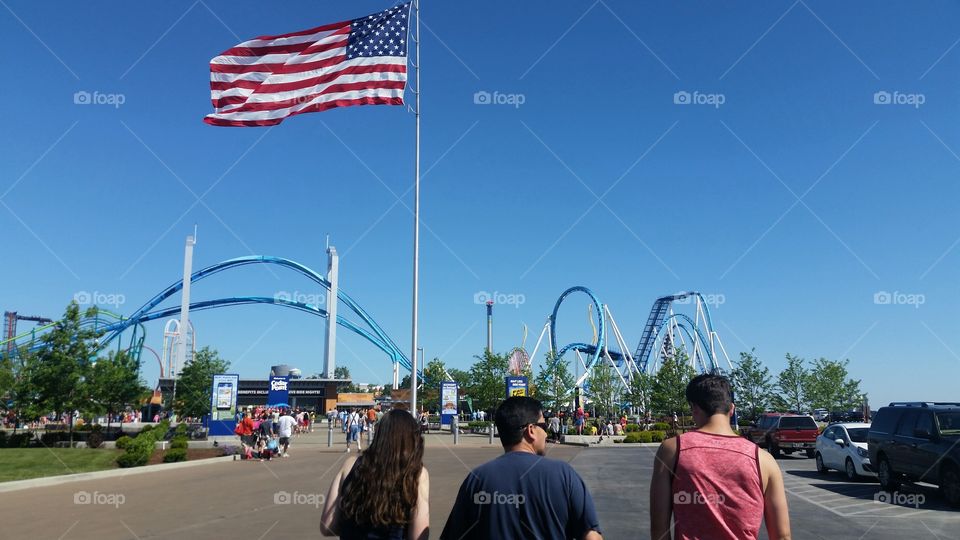 American flag at an amusement park entrance