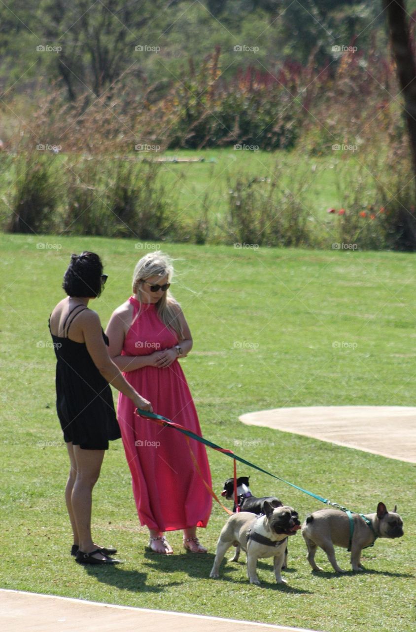 two women talking about dogs