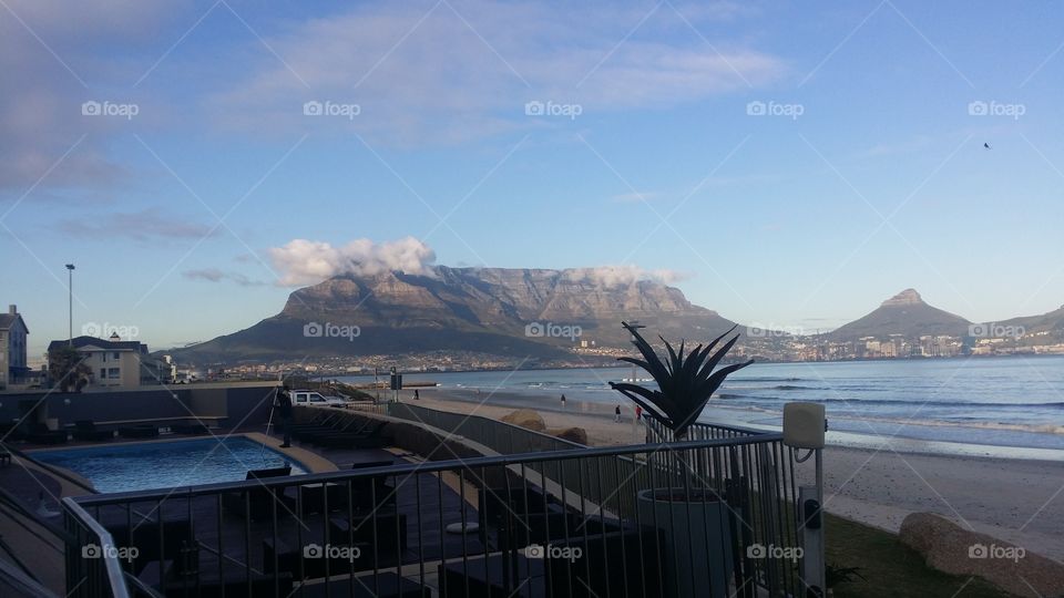 Table mountain from the deck of a hotel in Bloubergstrand