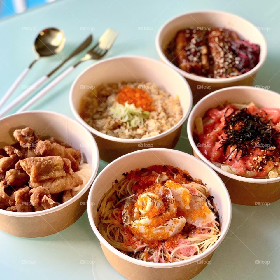 Japanese food delivery - grilled unagi don, garlic fried rice, chicken karage, mentaiko fries, angels lover 